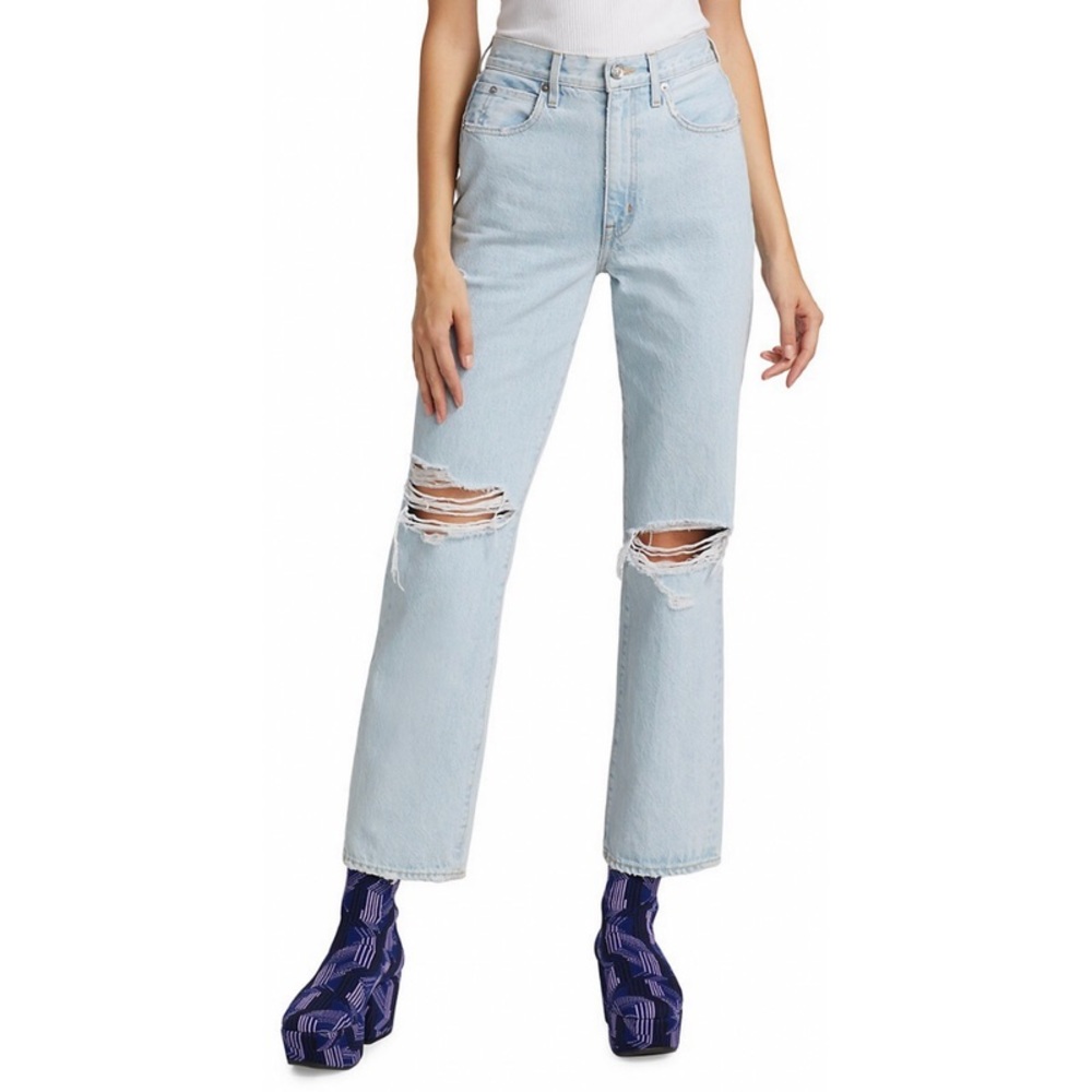 SLVRLAKE London Straight Leg Jeans Love Hurts Light Wash Distressed Ripped Knee
